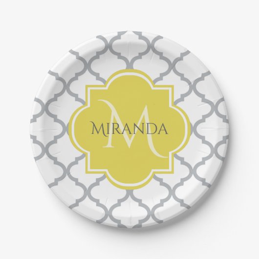Chic White Grey Quatrefoil Geel Monogramnaam Papieren Bordje (Voorkant)
