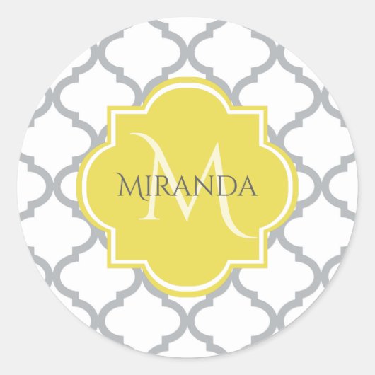 Chic White Grey Quatrefoil Geel Monogramnaam Ronde Sticker (Voorkant)