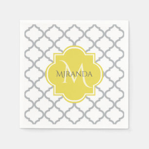 Chic White Grey Quatrefoil Geel Monogramnaam Servetten