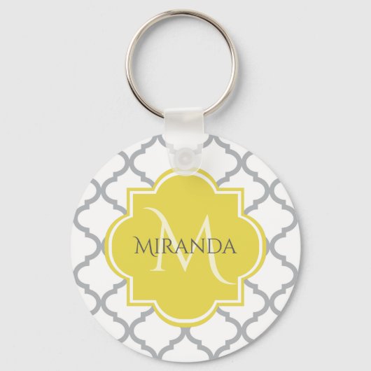 Chic White Grey Quatrefoil Geel Monogramnaam Sleutelhanger (Voorkant)