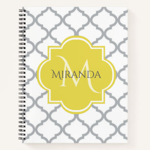 Chic White Grey Quatrefoil Yellow Monogramme Name Notitieboek