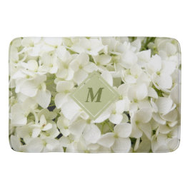 Chic White Hydrangea Sage Green Monogram Bath Mat