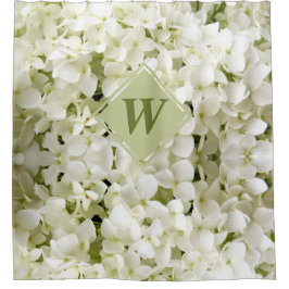 Chic White Hydrangea Sage Green Monogram Douchegordijn