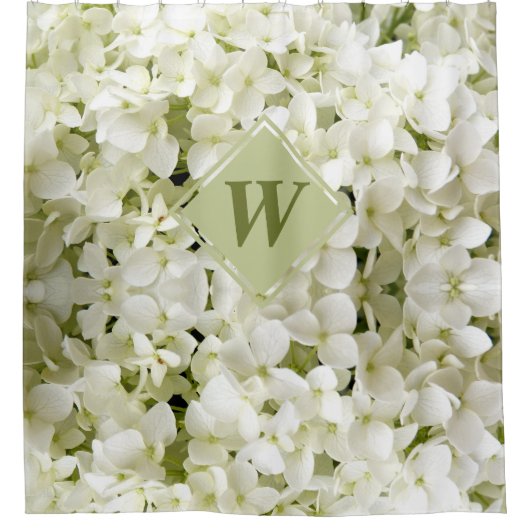 Chic White Hydrangea Sage Green Monogram Douchegordijn (Voorkant)