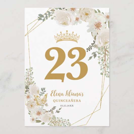 Chic White Ivory Floral Quinceanera Table Number Kaart (Achterkant)