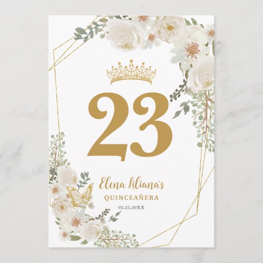Chic White Ivory Floral Quinceanera Table Number Kaart (Voorkant)