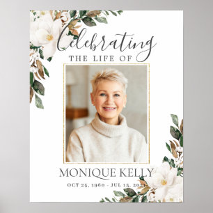 Chic White Magnolia Floral Foto Funeral Memorial Poster