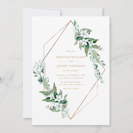 Chic White Magnolia Floral Greenery Gold Wedding Kaart (Voorkant)