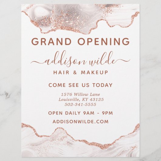Chic White Marble Agate Roos Gold Glitter Business Flyer (Voorkant)