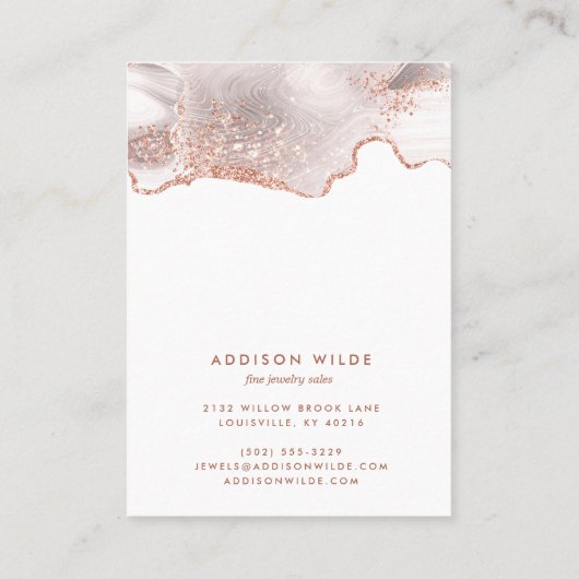 Chic White Marble Agate Roos Gold Glitter Jewelry Visitekaartje (Achterkant)