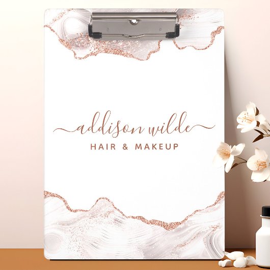 Chic White Marble Agate Roos Gold Glitter Klembord