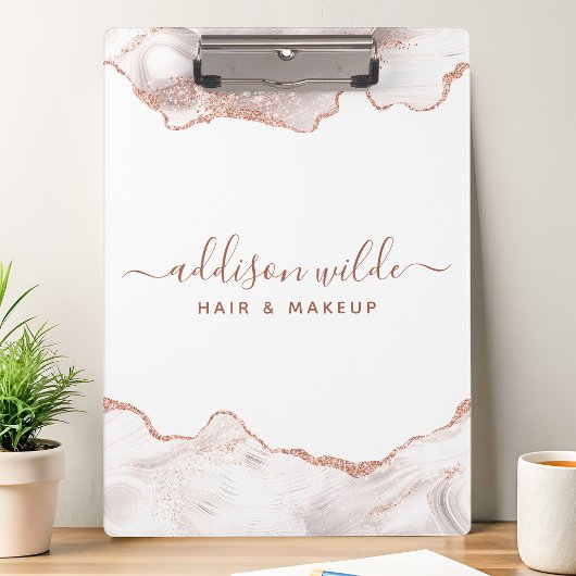 Chic White Marble Agate Roos Gold Glitter Klembord