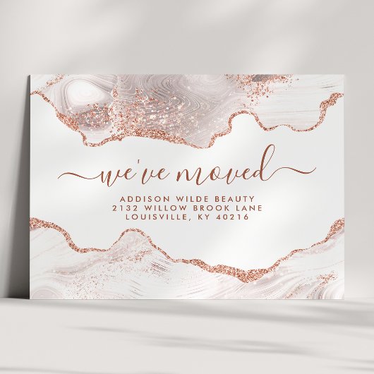 Chic White Marble Agate Roos Gold Glitter Moving Aankondigingskaart