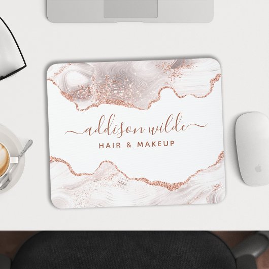 Chic White Marble Agate Roos Gold Glitter Muismat