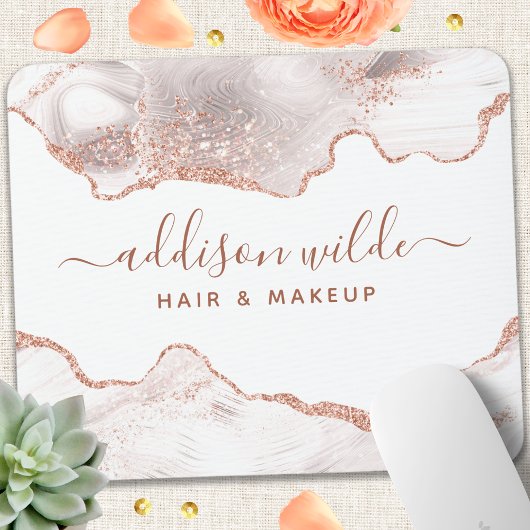 Chic White Marble Agate Roos Gold Glitter Muismat