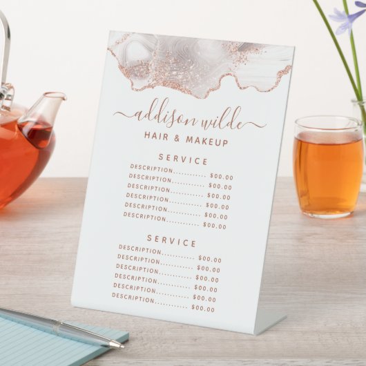 Chic White Marble Agate Roos Gold Service Prijs Reclamebord Met Voetstuk (Insitu)