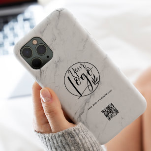 Chic white marble business corporate logo qr code Case-Mate iPhone 14 pro max hoesje