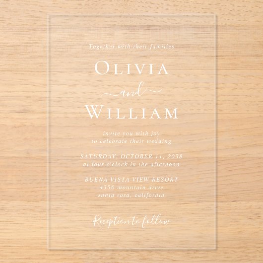 Chic White minimalistische bruiloft Acryl Uitnodigingen (Voorkant)