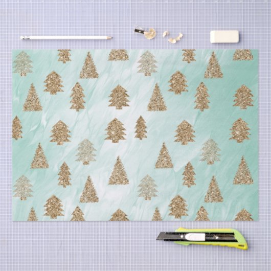 Chic White Mint Gold Glitter Kerstbomen Tissuepapier (Craft)