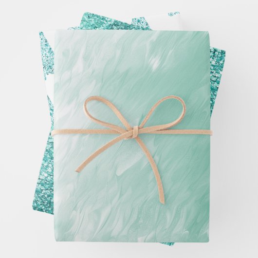 Chic White Mint Kerstbomen Glitter Inpakpapier Vel (In situ)