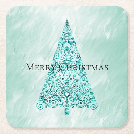 Chic White Mint Kerstboom Glitter Kartonnen Onderzetters (Voorkant)