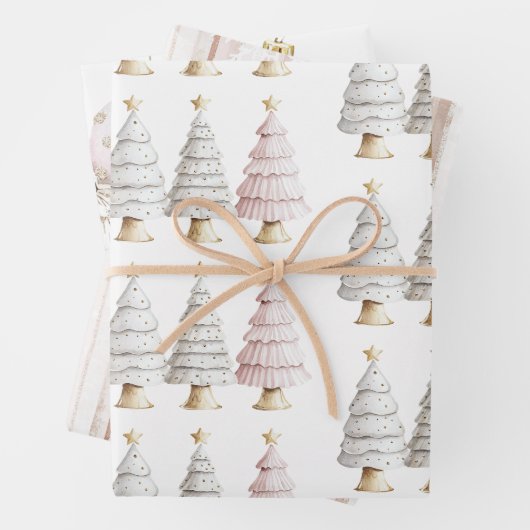 Chic White Mint Roze Kerstbomen Inpakpapier Vel (In situ)
