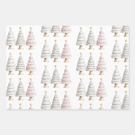 Chic White Mint Roze Kerstbomen Inpakpapier Vel (Voorkant)