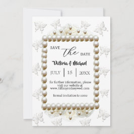 Chic White Pearl Butterfly Wedding Save-the-Date Kaart