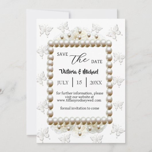 Chic White Pearl Butterfly Wedding Save-the-Date Kaart (Voorkant)