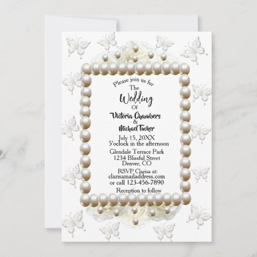 Chic White Pearl Butterfly Wedding Uitnodiging (Voorkant)