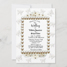 Chic White Pearl Butterfly Wedding Uitnodiging