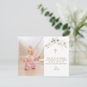 Chic White Pink Floral Gold Girl Foto Baptisme Bedankkaart