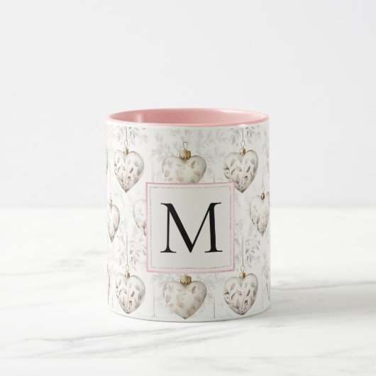 Chic White Pink Heart Ornaments Monogram Mok (Midden)
