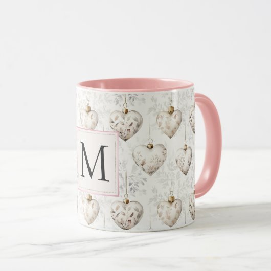 Chic White Pink Heart Ornaments Monogram Mok (Voorkant rechts)