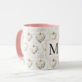 Chic White Pink Heart Ornaments Monogram Mok (Voorkant links)