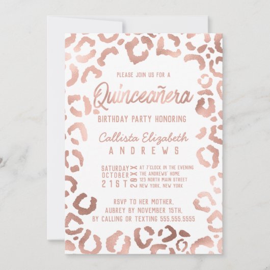 Chic White Rose Gold Cheetah Leopard Quinceañera Kaart (Voorkant)