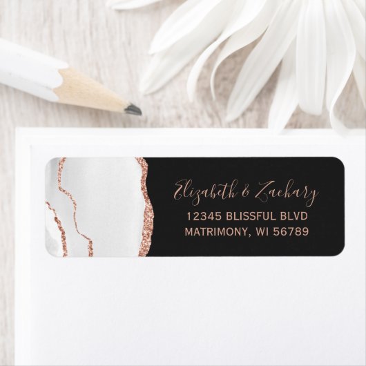 Chic White Rose Gold Dark Wedding Retouradres Etiket (Insitu)