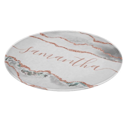 Chic White Rose Gold Glitter Agate Custom Name Snijplank (Hoek)