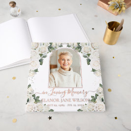 Chic White Roses Memorial Funeral Roos Gouden Foto Gastenboek