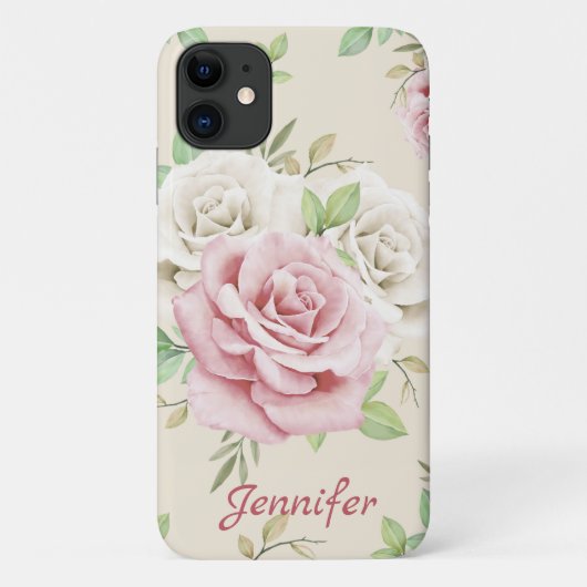 Chic White roze Roses Green Leaves Floral Case-Mate iPhone Case (Achterkant)