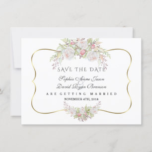 Chic White roze Roses Navy Blue Gold Wedding Save The Date