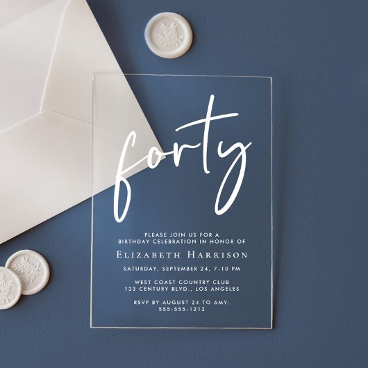 Chic White Script 40ste verjaardagsfeestje Acryl Uitnodigingen