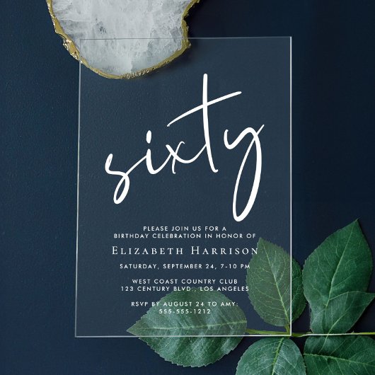Chic White Script 60ste verjaardagsfeestje Acryl Uitnodigingen