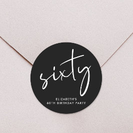Chic White Script Black 60th Birthday Party Ronde Sticker