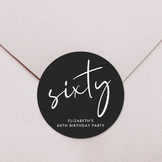 Chic White Script Black 60th Birthday Party Ronde Sticker