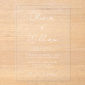 Chic White Script Minimalistische bruiloft Acryl Uitnodigingen (Voorkant)