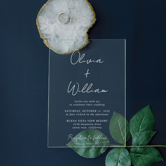 Chic White Script Minimalistische bruiloft Acryl Uitnodigingen