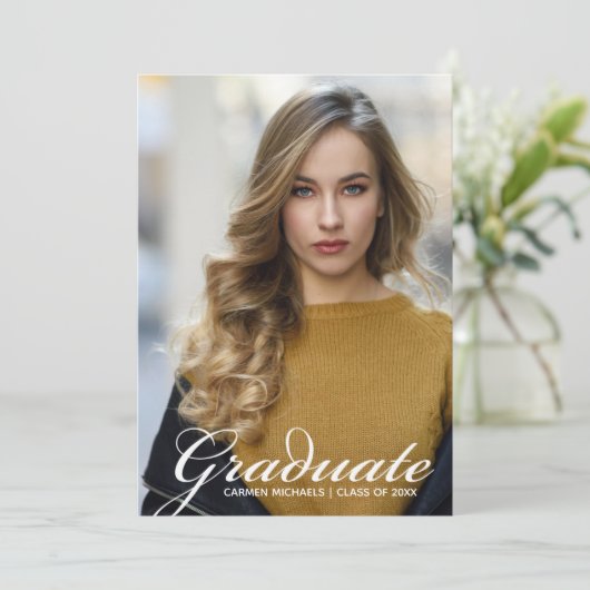 Chic White Script Overlay Afstuderen Foto Aankondiging (Staand voorkant)