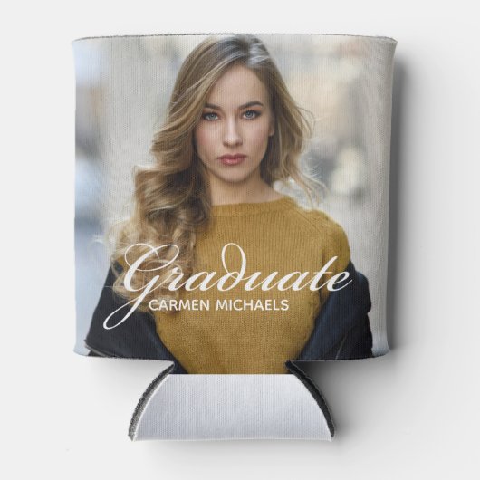 Chic White Script Overlay Afstuderen Foto Blikjeskoeler (Voorkant)