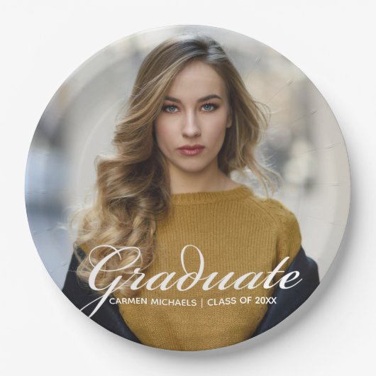 Chic White Script Overlay Afstuderen Foto Papieren Bordje (Voorkant)